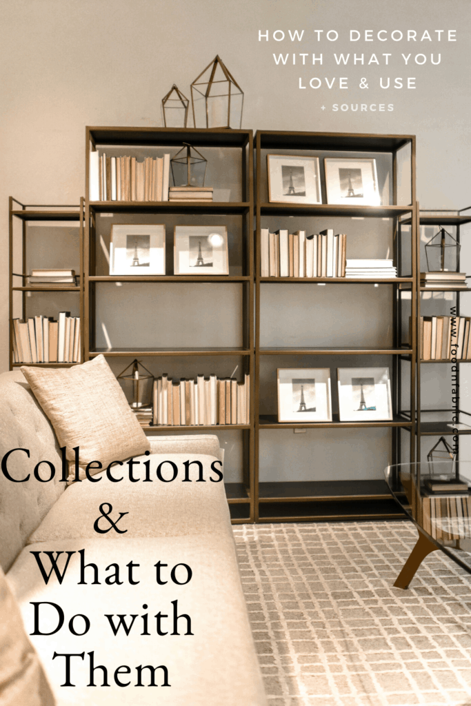 Collecting Things - bookshelf holding collections of beige books and a beige linen sofa